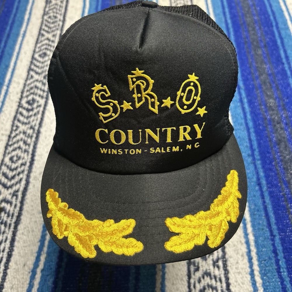 Vintage 80s SRO Country Winston Salem NC Trucker Hat Black Gold Snapback